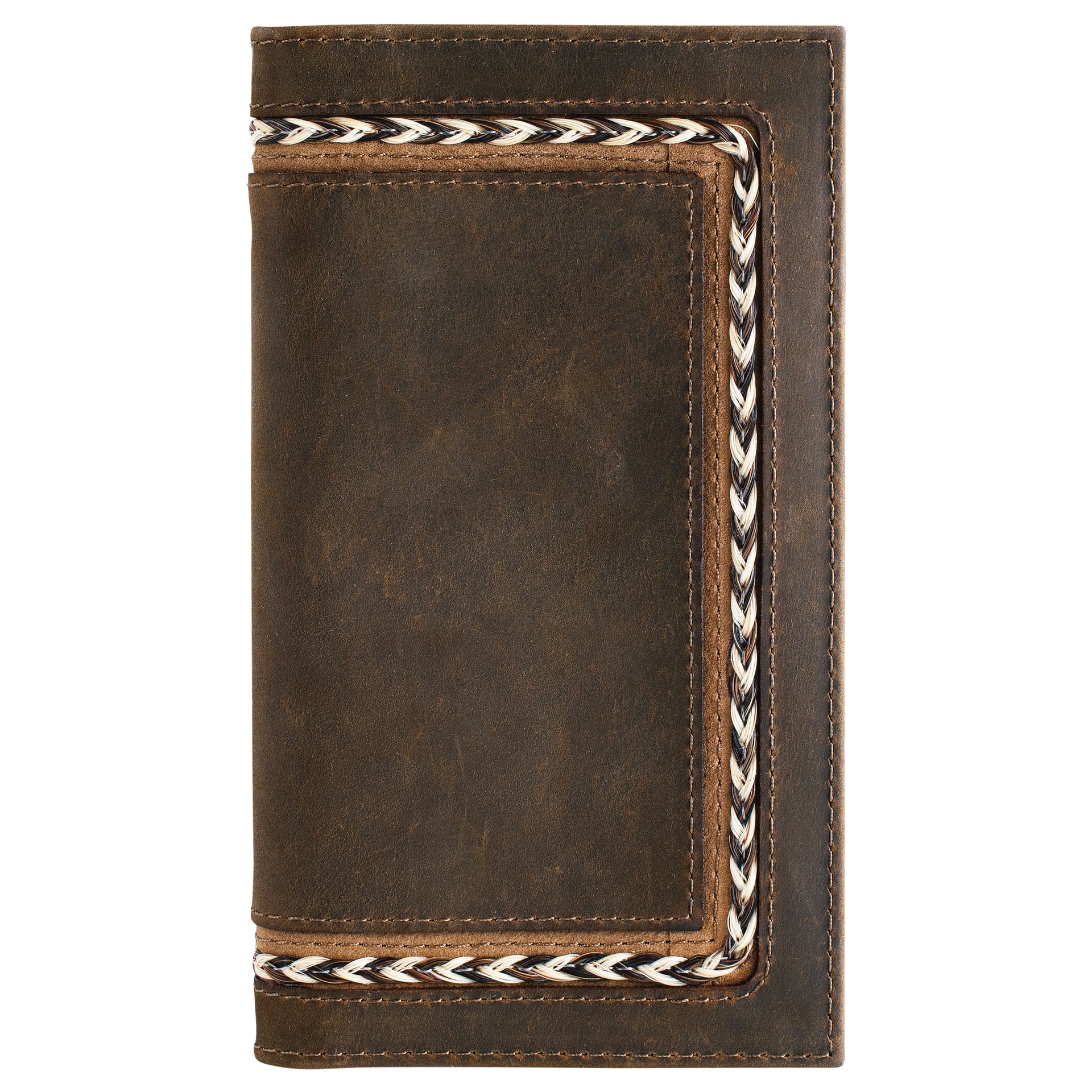 Brown leather wallet with braided trim on a white background
