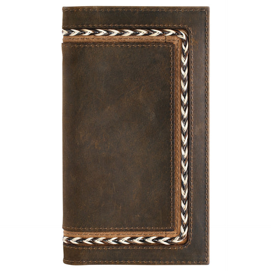 Brown leather wallet with braided trim on a white background