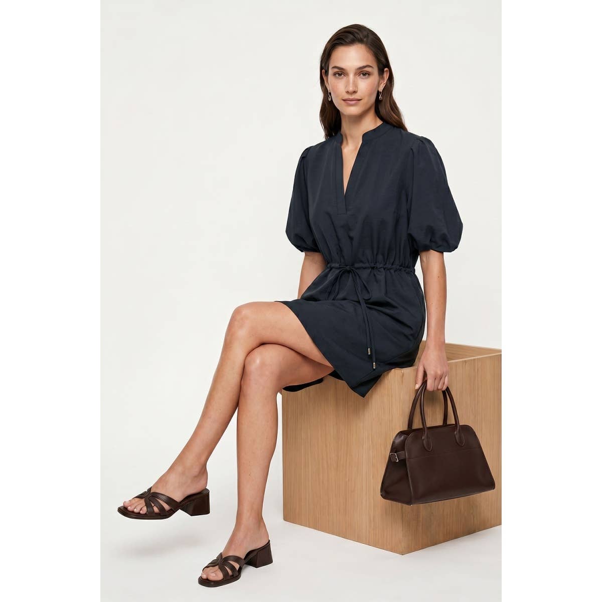 Naked Zebra - Puff Sleeve Cinched Waist Mini Dress