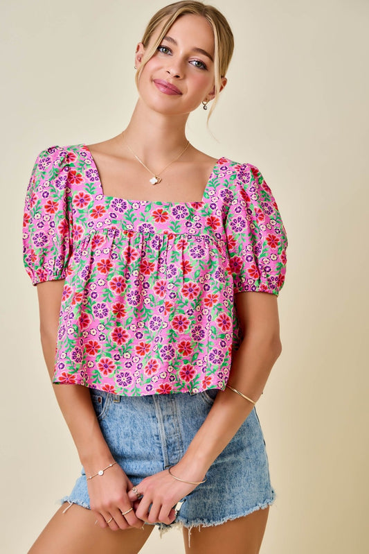 Floral Print Square Neck Puff Sleeve Cropped Top