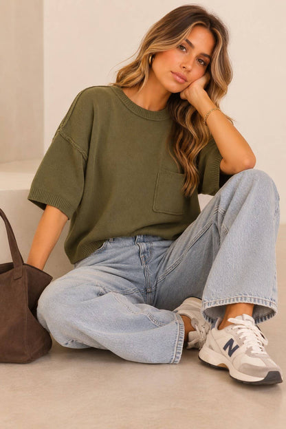 TIMING - Short Sleeve Pocket Knit Sweater