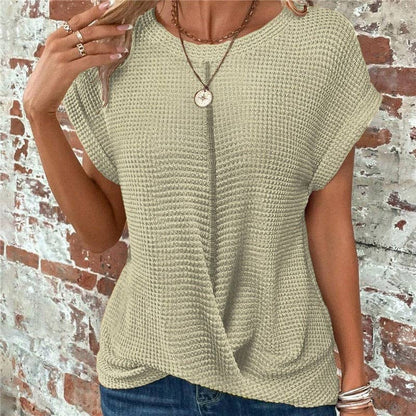 kycozy - Solid Color Round Neck Twist Short Sleeve T-Shirt