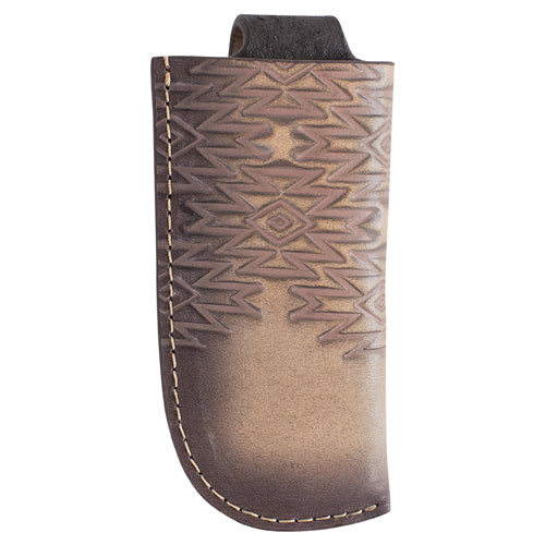 Leather phone case with tribal pattern on a white background