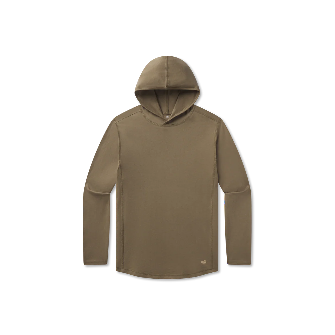 Khaki long sleeve performance hoodie with minimalist design on plain background