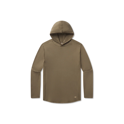 Khaki long sleeve performance hoodie with minimalist design on plain background