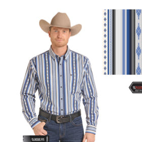 A catalog page showing a man wearing a long-sleeve striped western shirt, with fabric swatches and product text on a white background. The shirt has vertical blue, white, and gray stripes with a subtle diamond pattern.