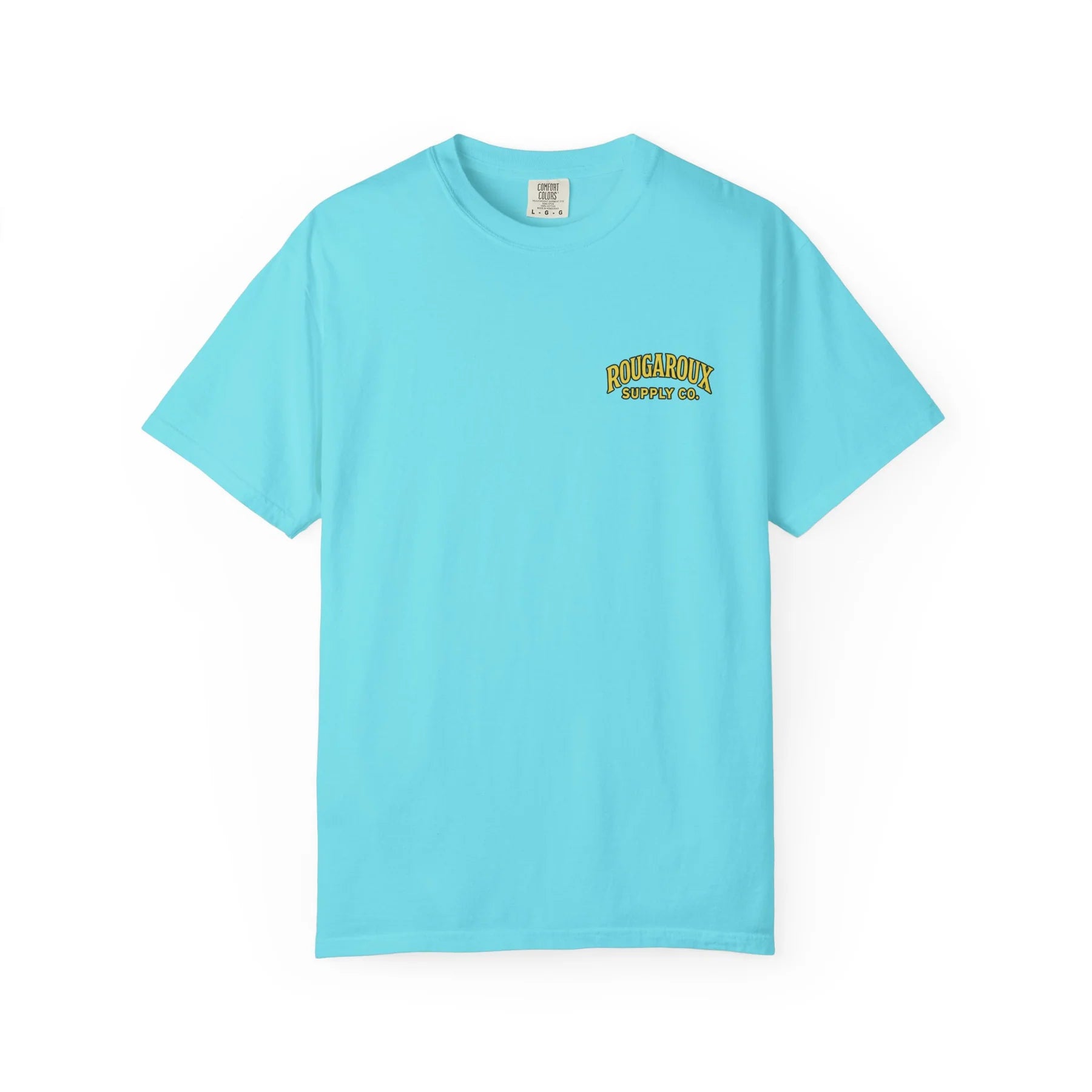 Light blue t-shirt with yellow text on a white background