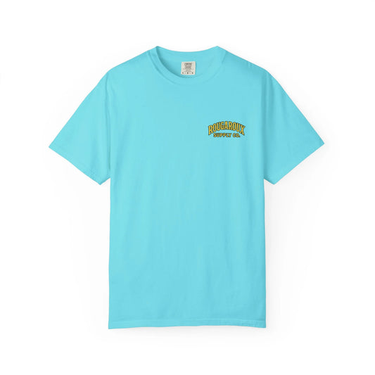 Light blue t-shirt with yellow text on a white background