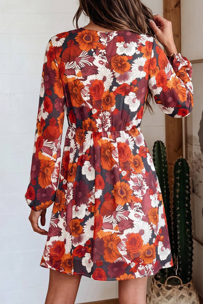 - Casual Floral Print Wrap V Neck Puff Sleeve Flowy Mini Dress