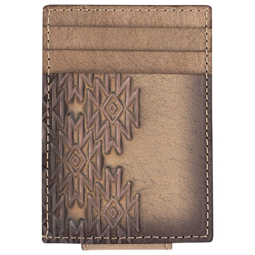 Brown leather wallet with geometric pattern on a white background