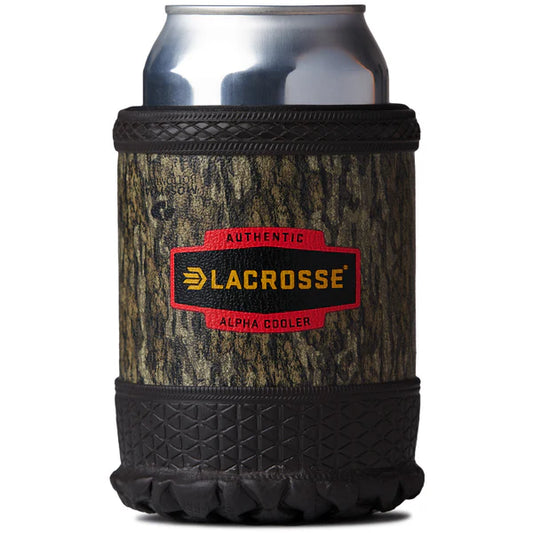 Camouflage can cooler with Lacrosse logo holding a silver can on a white background