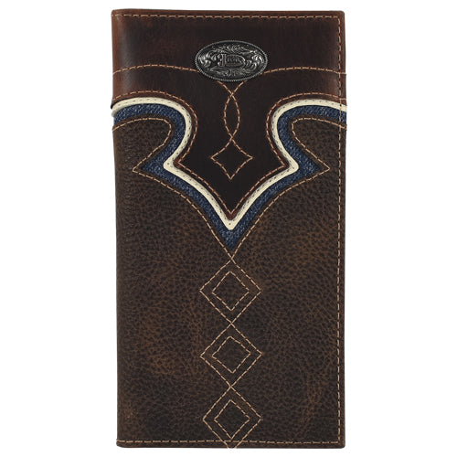 Brown leather wallet with decorative stitching on a white background