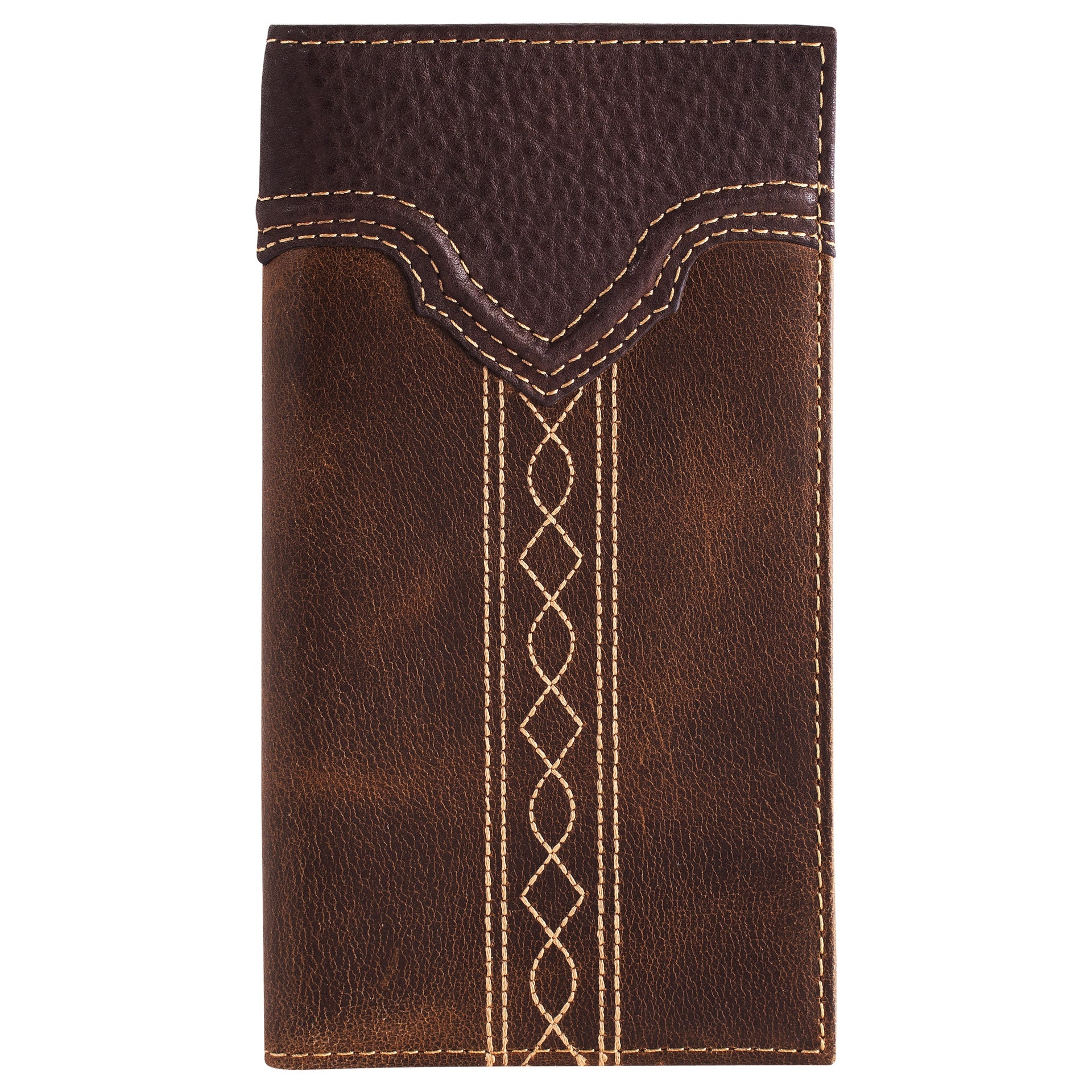 Brown leather wallet with decorative stitching on a white background