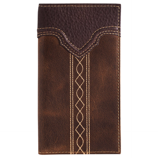 Brown leather wallet with decorative stitching on a white background