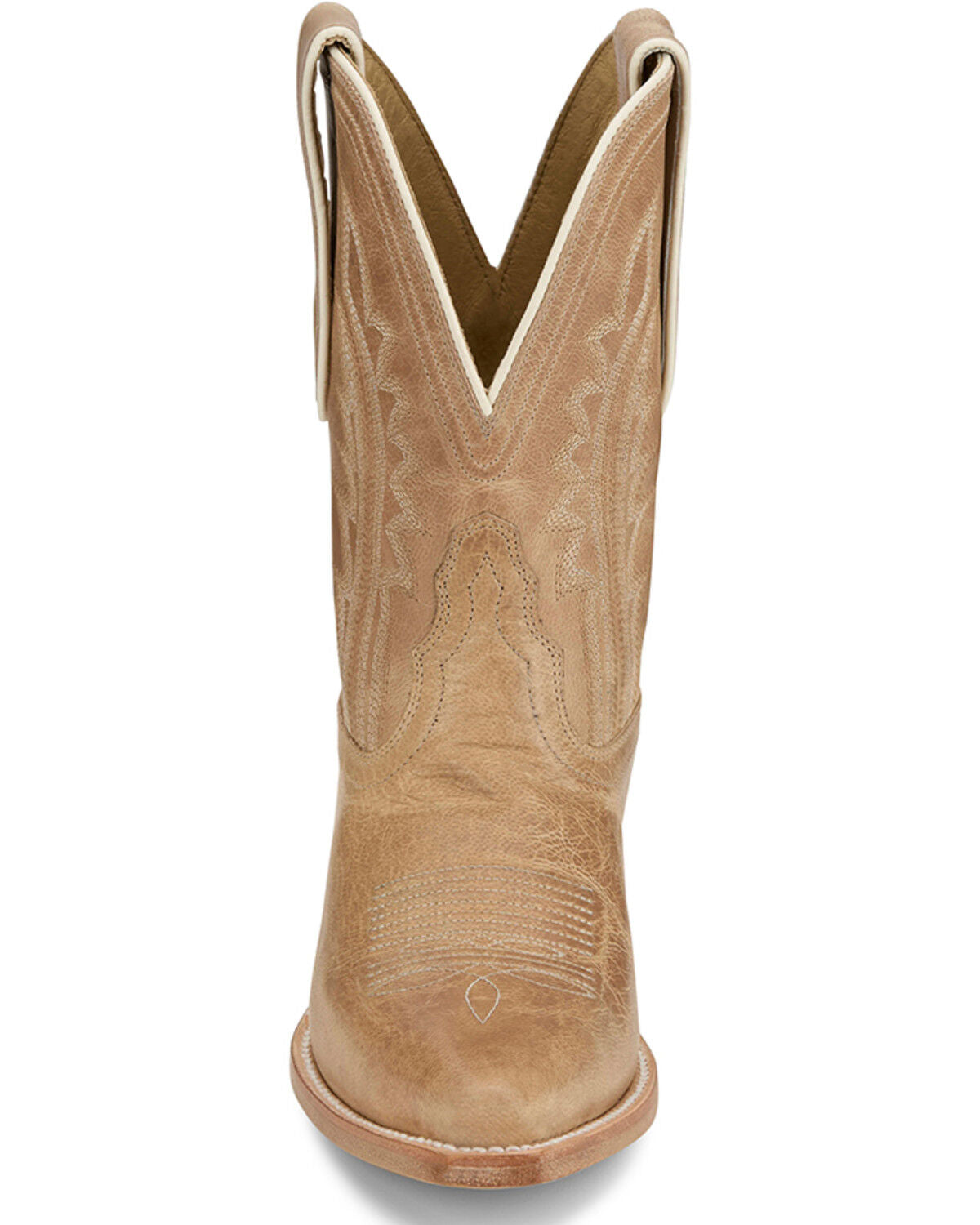 Tan leather western boot with decorative stitching and pointed toe, front view