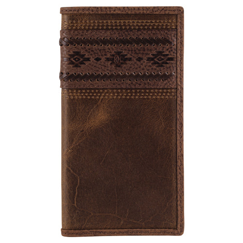 Brown leather wallet with intricate patterns on a white background