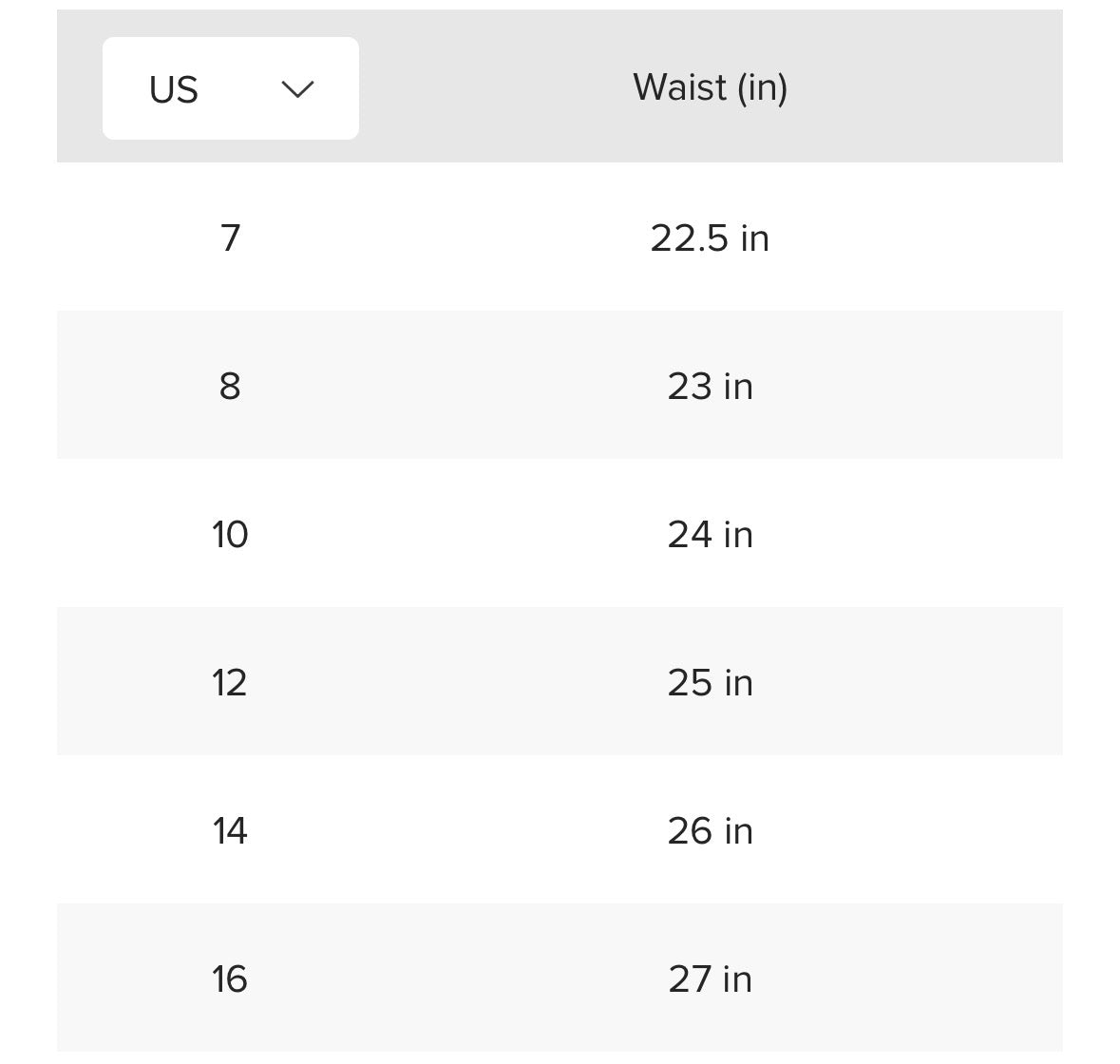 US size chart with waist measurements in inches for sizes 7 to 16.