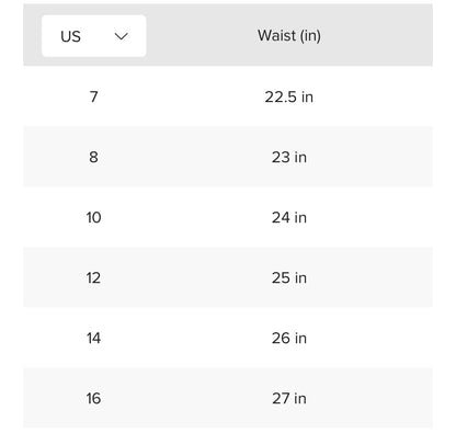 US size chart with waist measurements in inches for sizes 7 to 16.