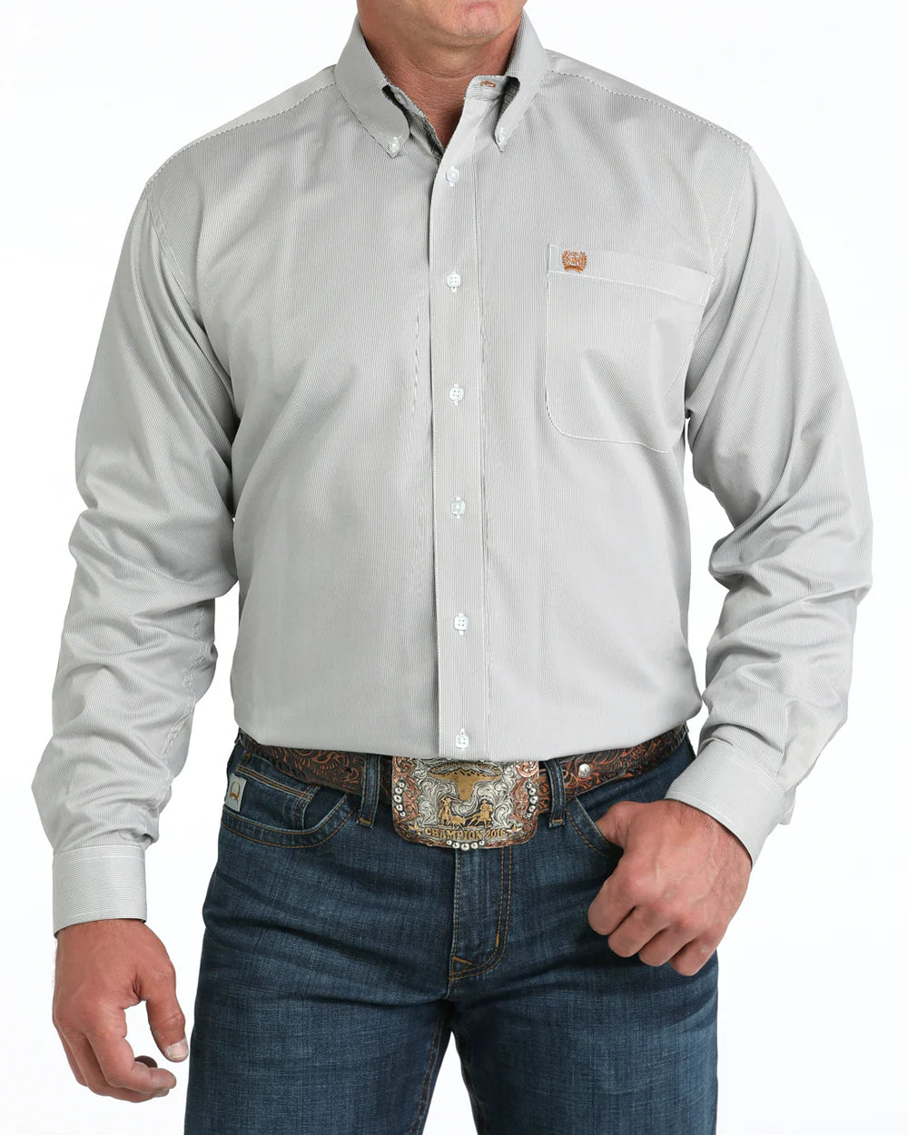 Men's light gray western button-up shirt with chest pocket, blue jeans, and tooled belt buckle