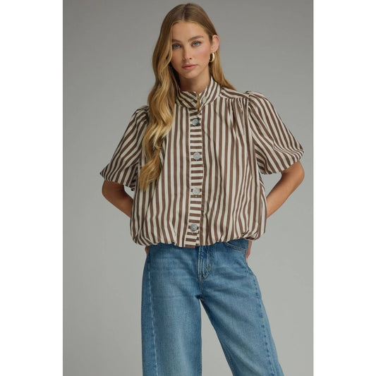 Stripe short puff sleeve top