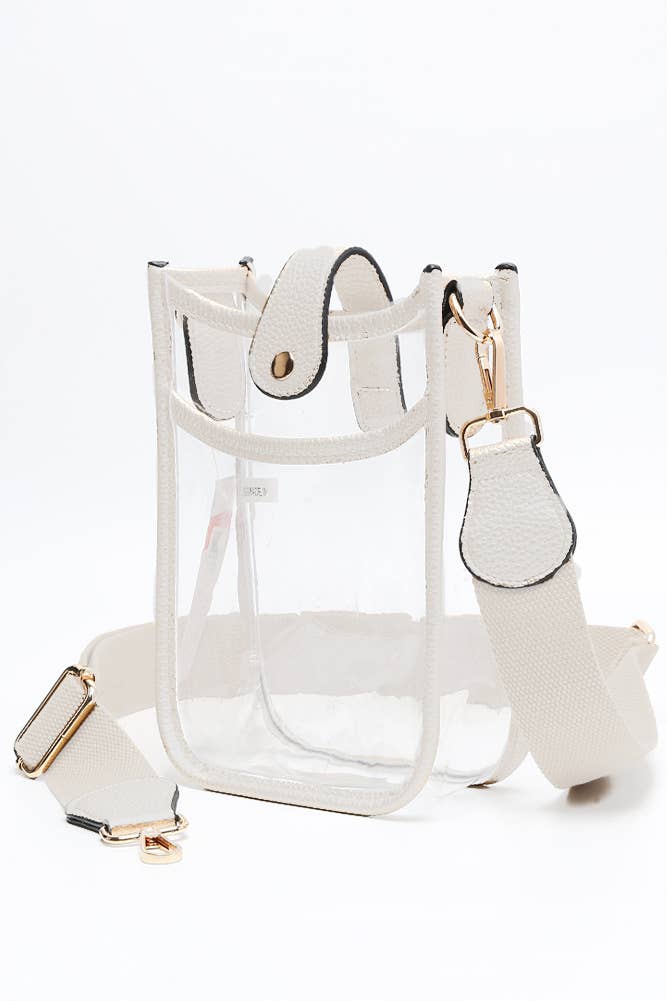 Clear handbag with white straps on a white background