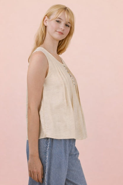 Half Button Down Pintuck Sleeveless Woven Top