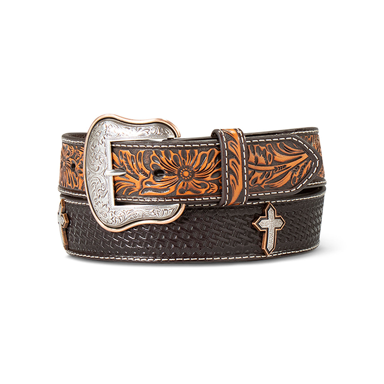 ARIAT MENS BROWN AND BLACK CROSS CONCHO BELT - A10412133