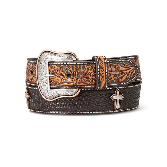 ARIAT MENS BROWN AND BLACK CROSS CONCHO BELT - A10412133
