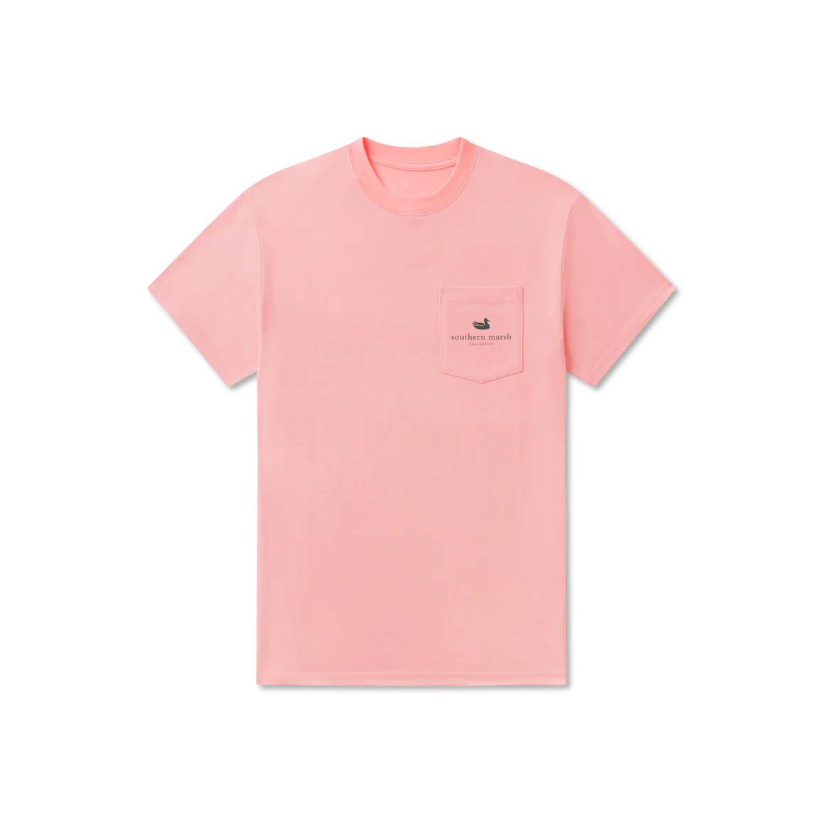 Pink t-shirt with a small logo on a white background