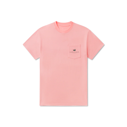 Pink t-shirt with a small logo on a white background