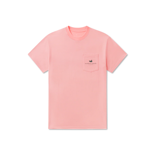 Pink t-shirt with a small logo on a white background