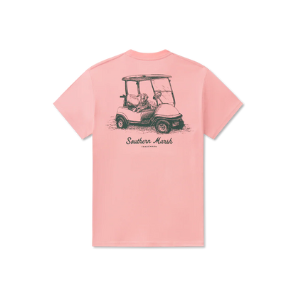 Pink t-shirt with a graphic of a golf cart and 'Southern Marsh' text on a white background