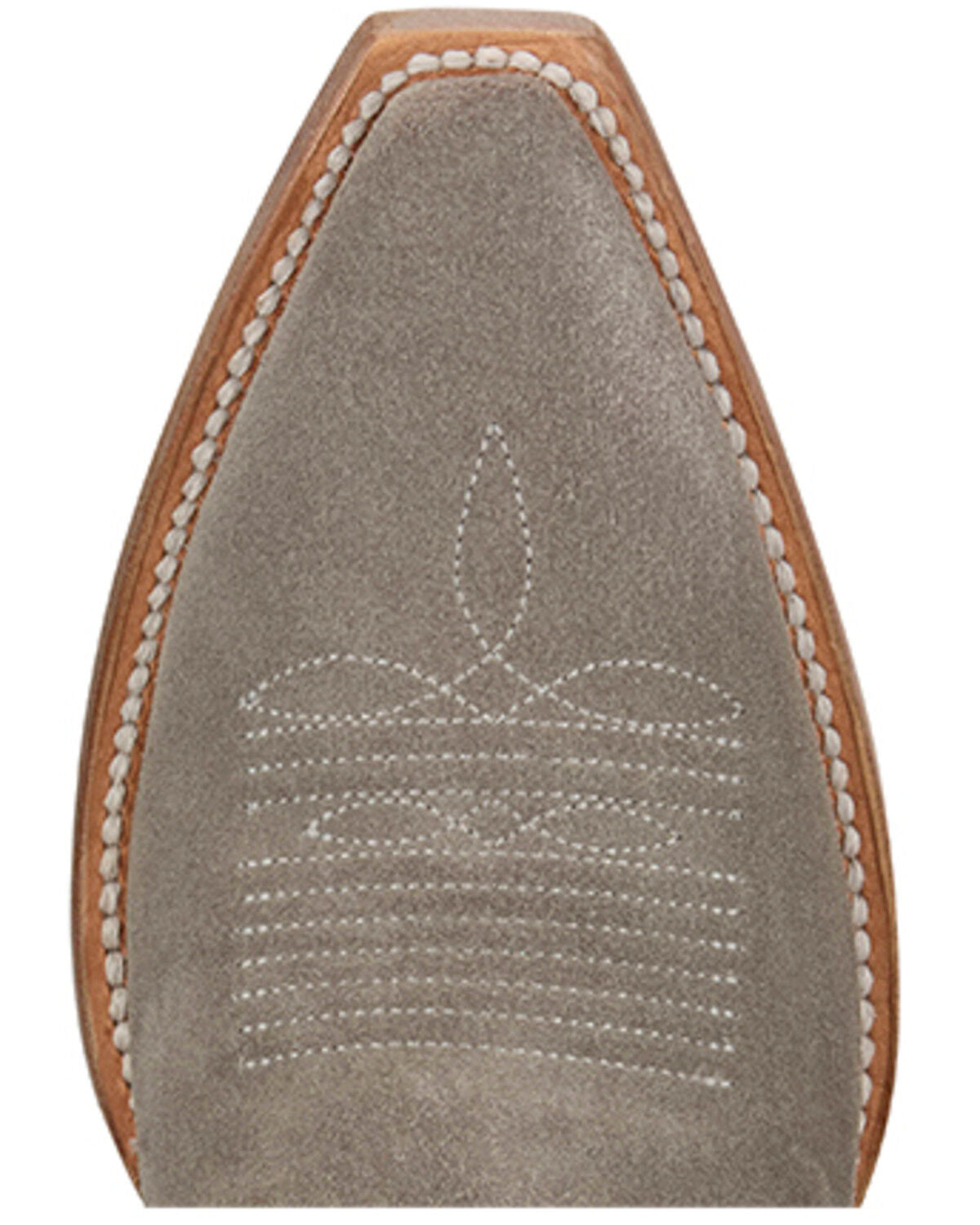 Close-up of a suede square toe cowboy boot with decorative stitching and leather trim.