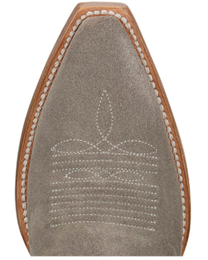 Close-up of a suede square toe cowboy boot with decorative stitching and leather trim.