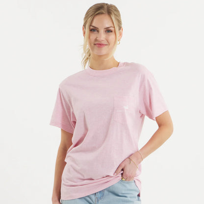 Woman wearing light pink pocket t-shirt and light blue shorts on white background