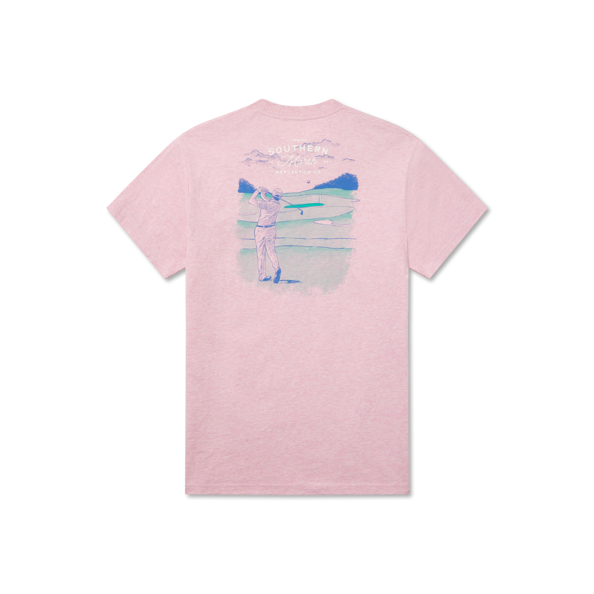 Light pink t-shirt with graphic of golfer swinging on a course, mountains in background.