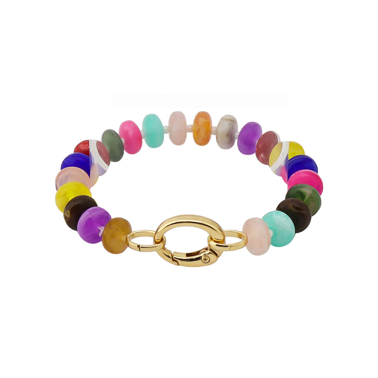 Colorful beaded bracelet with gold clasp, multi-color round gemstone beads