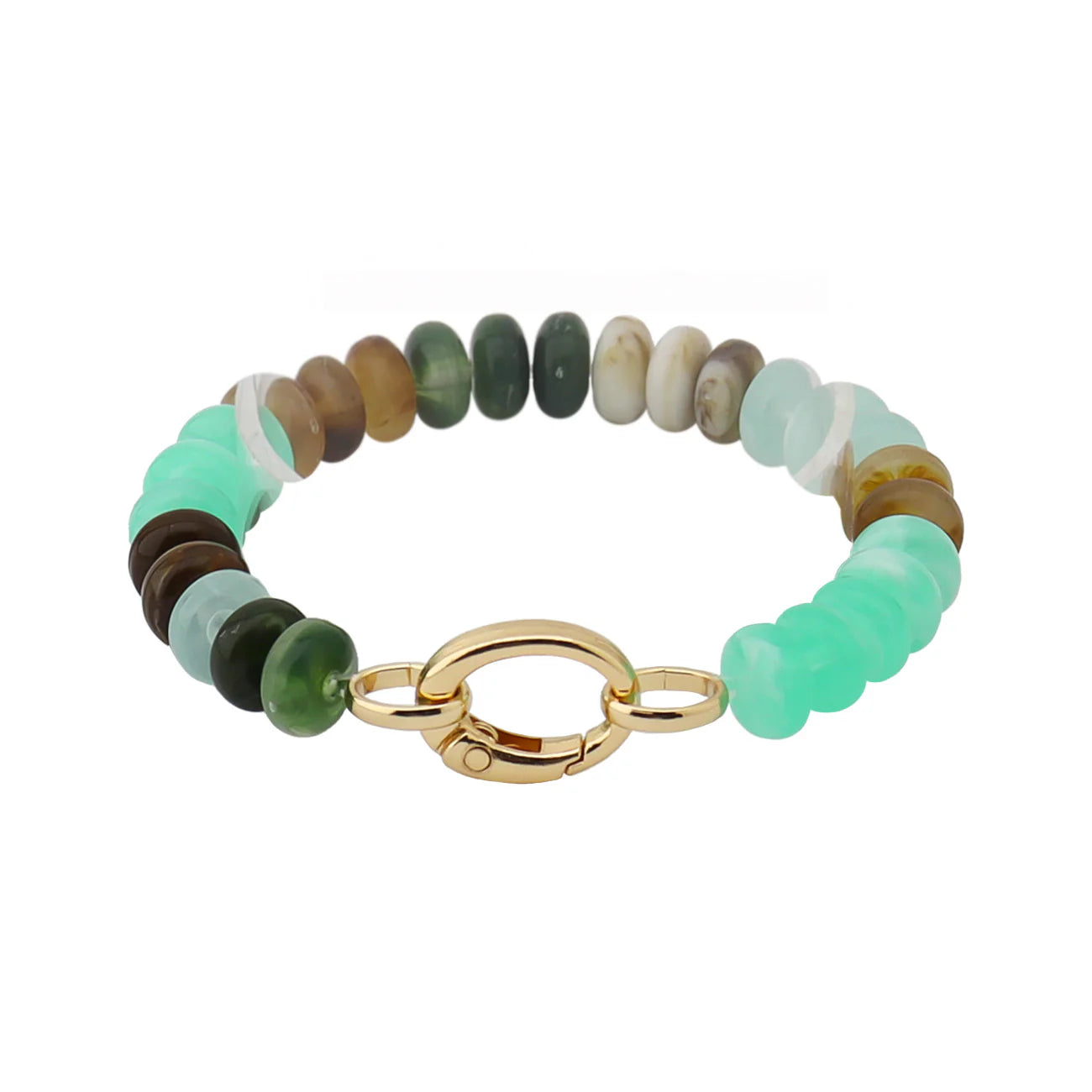 Beaded bracelet with gold clasp, featuring green, mint, brown, and white round beads