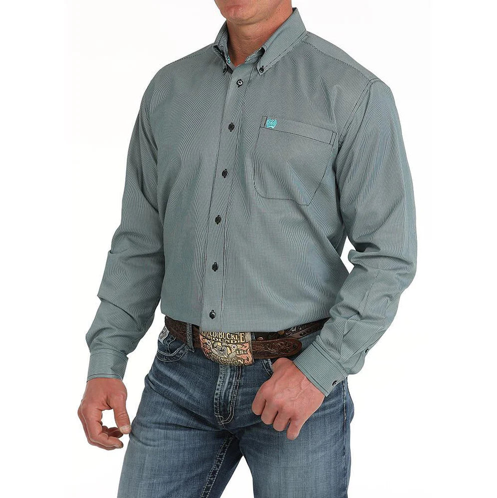 Men's long sleeve button-up western shirt with chest pocket and jeans