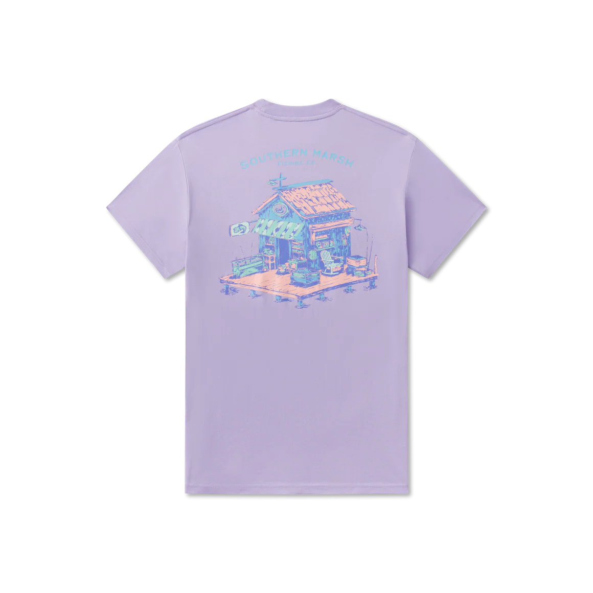 Lavender t-shirt with a graphic of a small house on a white background
