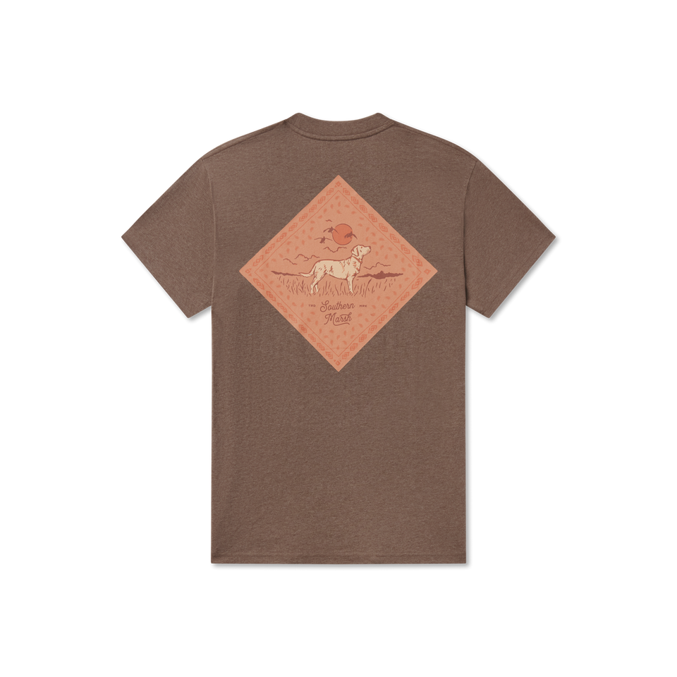 Brown short sleeve t-shirt with graphic of retriever dog and sunset on back, outdoors theme