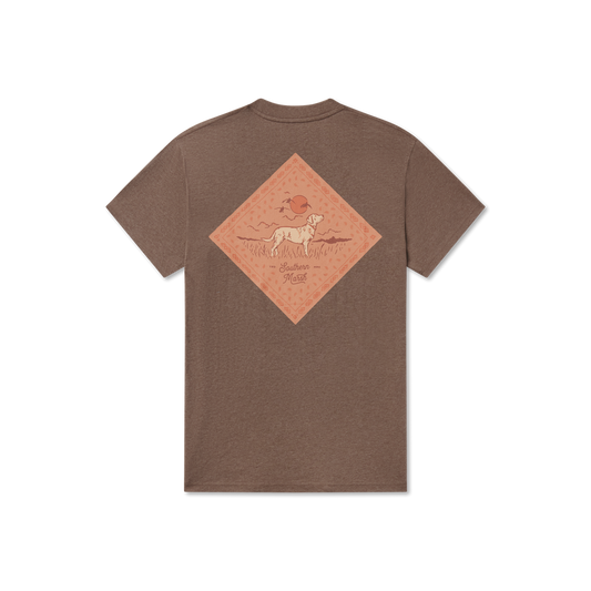 Brown short sleeve t-shirt with graphic of retriever dog and sunset on back, outdoors theme