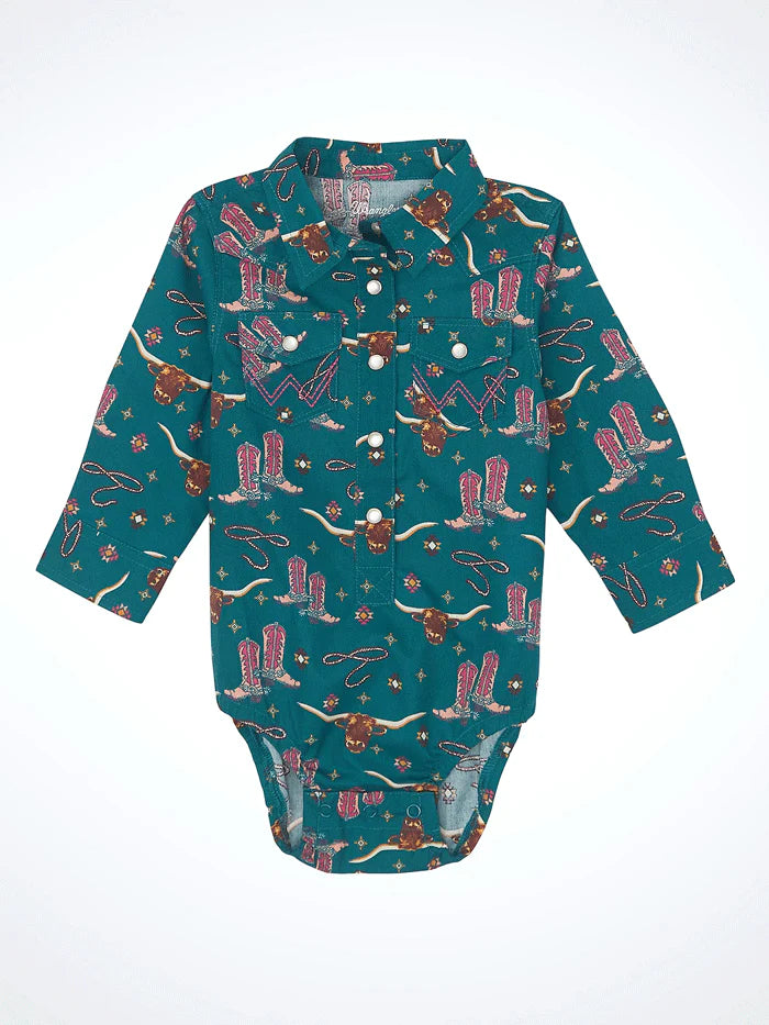 Teal baby bodysuit with Western cowboy boots, longhorns, lassos, and snap buttons