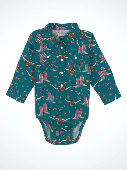 Teal baby bodysuit with Western cowboy boots, longhorns, lassos, and snap buttons