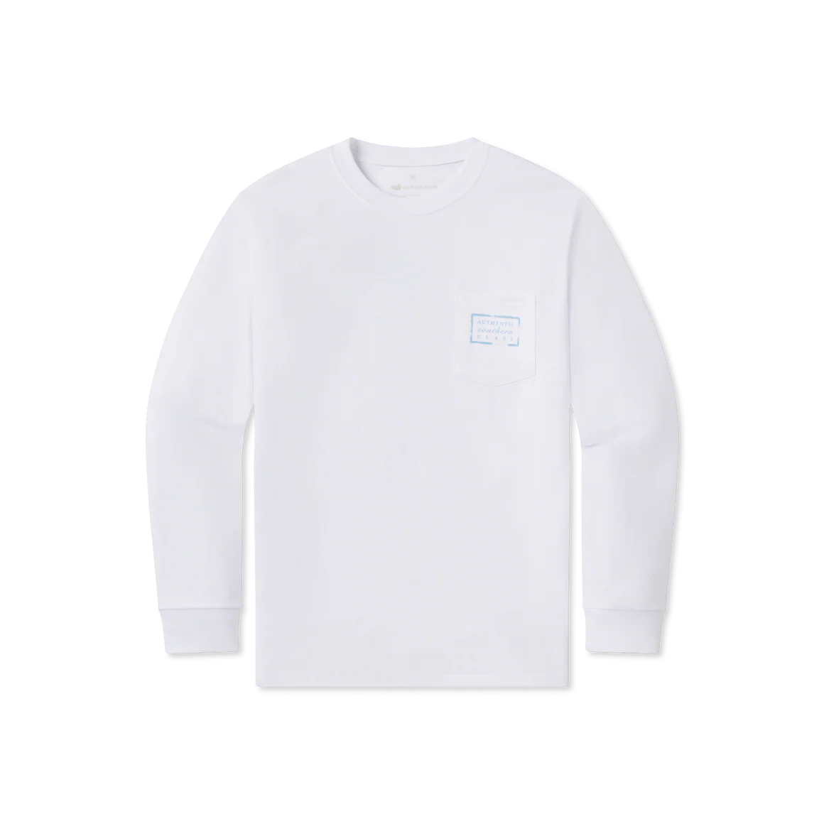 White long sleeve t-shirt with chest pocket and blue label detail, laid flat on white background