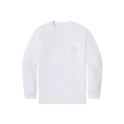 White long sleeve t-shirt with chest pocket and blue label detail, laid flat on white background