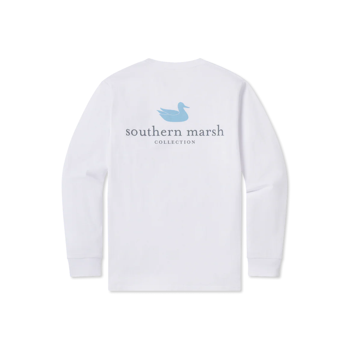 White long sleeve shirt with blue duck logo and 'southern marsh collection' text on back
