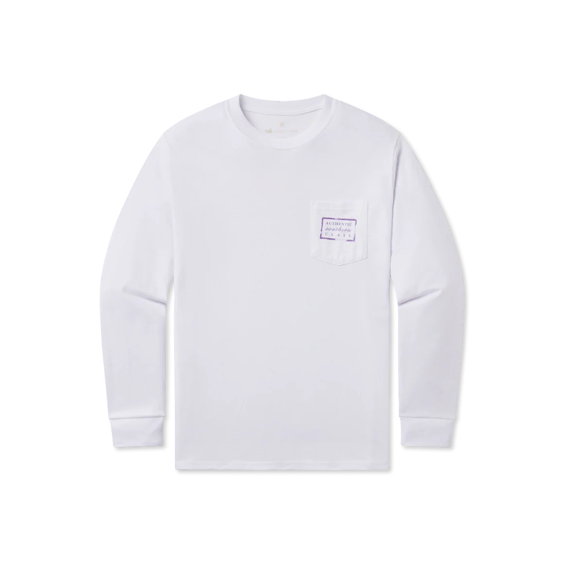 White long sleeve shirt with chest pocket and purple label print