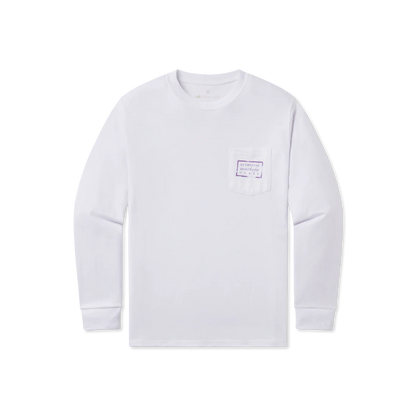 White long sleeve shirt with chest pocket and purple label print