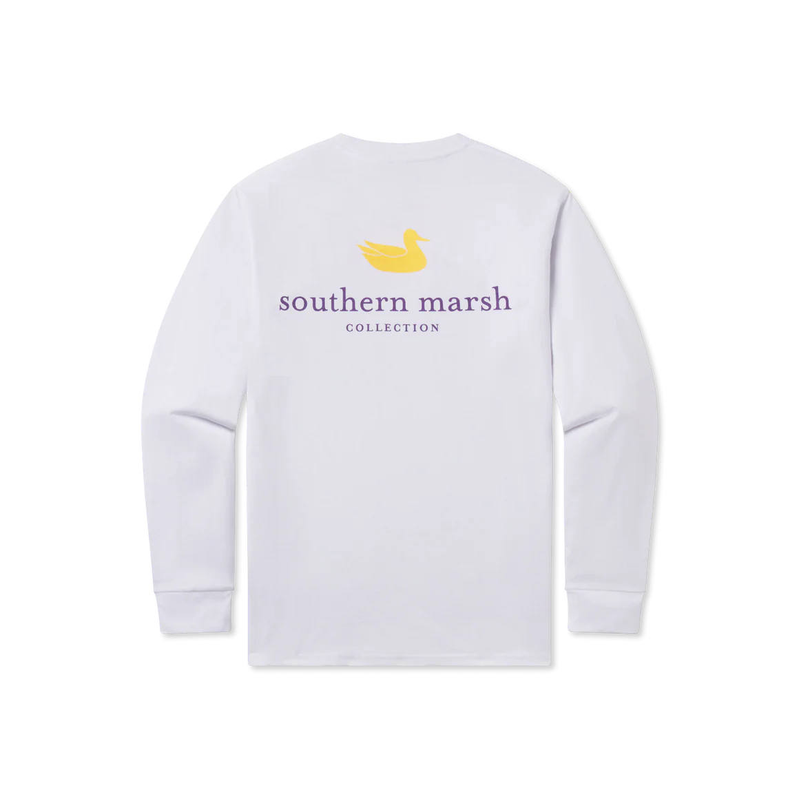 White long sleeve shirt with yellow duck and 'Southern Marsh Collection' text on back